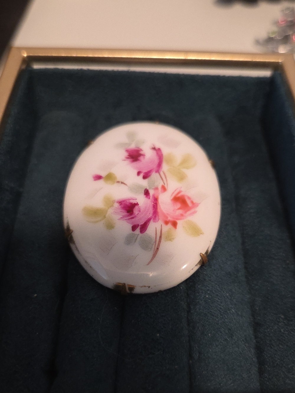 Porcelain Floral Oval Brooch in White with Pink Accent